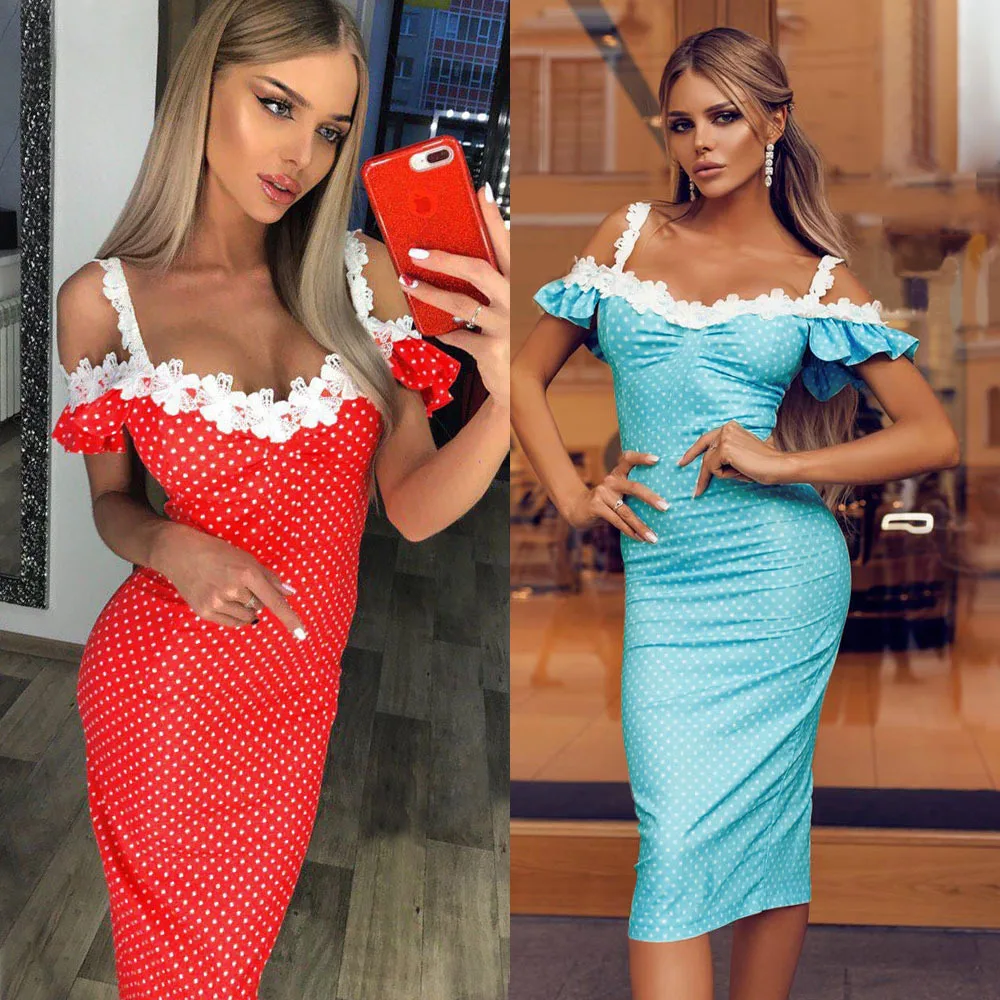 

Sexy Strap Lace Pachwork Polka Dot Print Dress Summer Casual Slim Pencil Dress Women Elegant Short Sleeve Hips Midi Party Dress