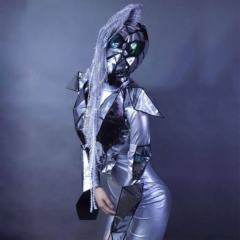 

Future technology Silver mirror costume show stage jumpsuit set soldier men and women gogo dance team party rave costume mask