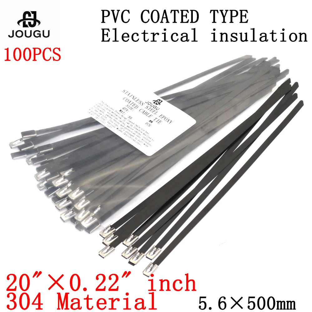 

stainless steel Cable Tie 100PCS 5.6 x 500mm 304 material black Strong PVC coated Marine Grade Metal Ties Zip Tie Wraps Exhaust