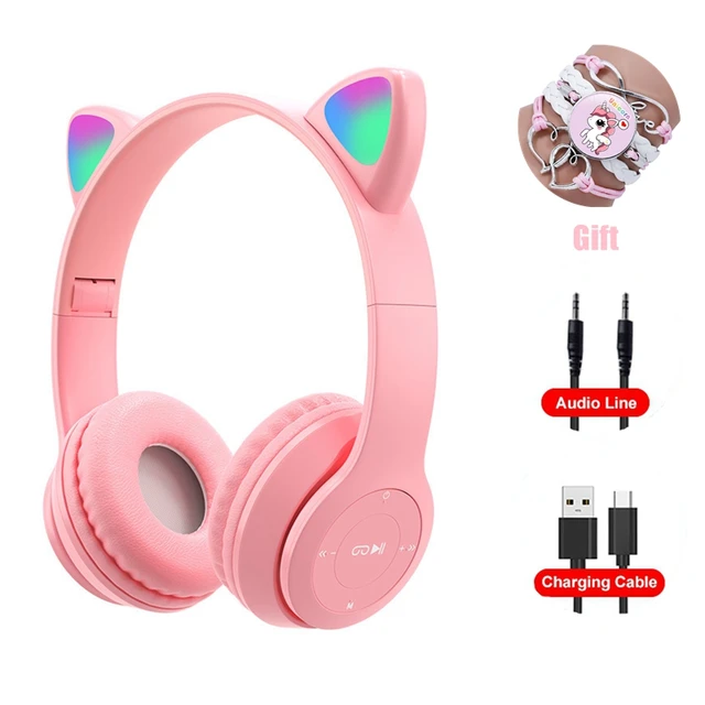Pink Girl Wireless Headphones RGB Cute Cat Ears Headset With Microphone Noise Cancelling Kid Stereo Music casco Children's Gifts Pink Set