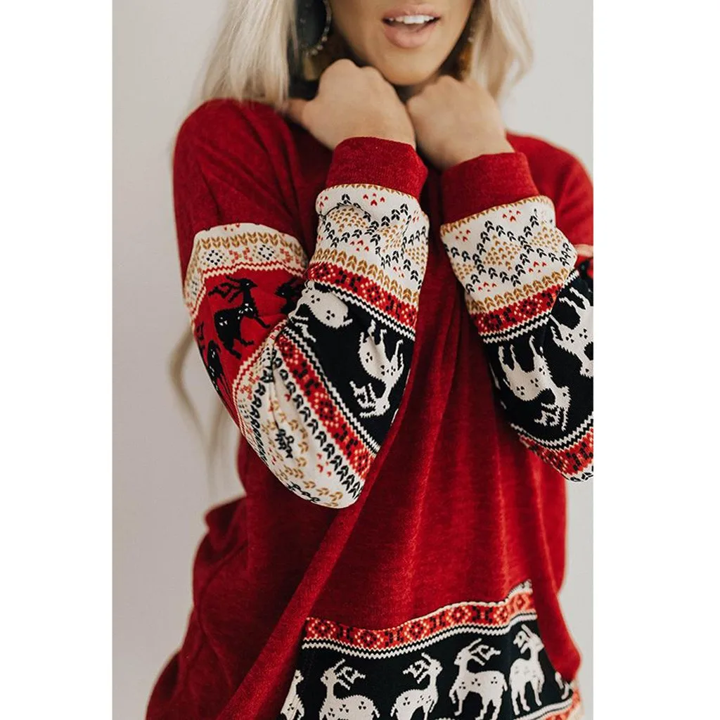 Рождественские женские пуловеры с принтом оверсайз длинным рукавом этнические