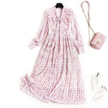 

Sweet Chiffon Pleated Dress Dot Bow Collar Mid-Calf 2020 Spring Long Sleeve Dress Shirt Female Summer Vestisdo Longo
