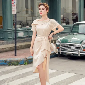 

LLZACOOSH New Fashion Women Elegant Off Shoulder Tops + Pearls Draped Skirt Outfits Summer Office Lady irregular beige Skirt Set