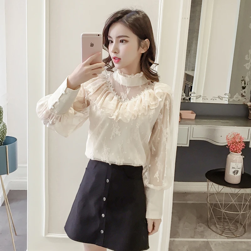 

COIGARSAM Casual Ruffles blouse women New Spring Lace Full Sleeve Chiffon blusas womens tops and blouses Pink Black Apricot 1933