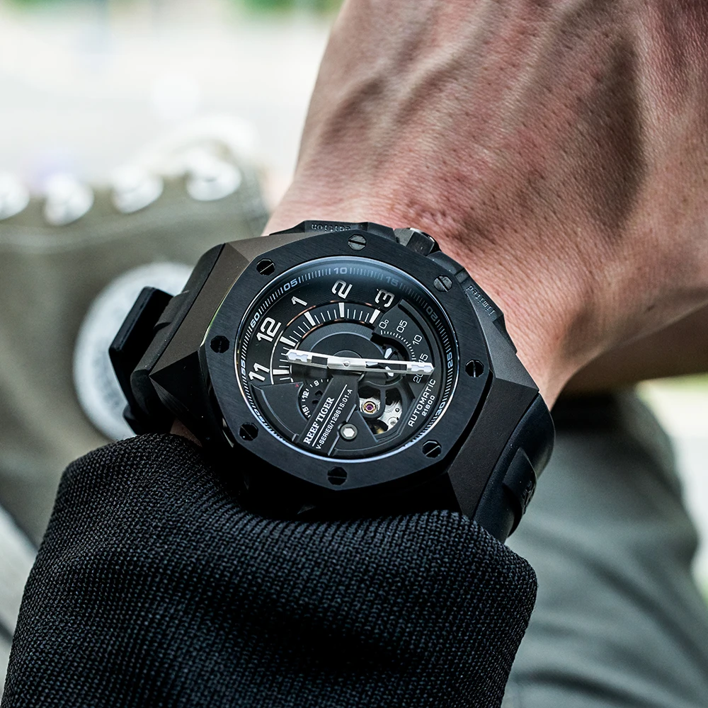 Риф Тигр/RT Топ бренд все черные Автоматические Механические Спортивные часы