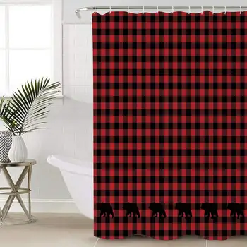 

Christmas Red and Black Plaid Shower Curtain Sets Buffalo Checker Lattice Polyester Fabric Waterproof Bath Curtains Home