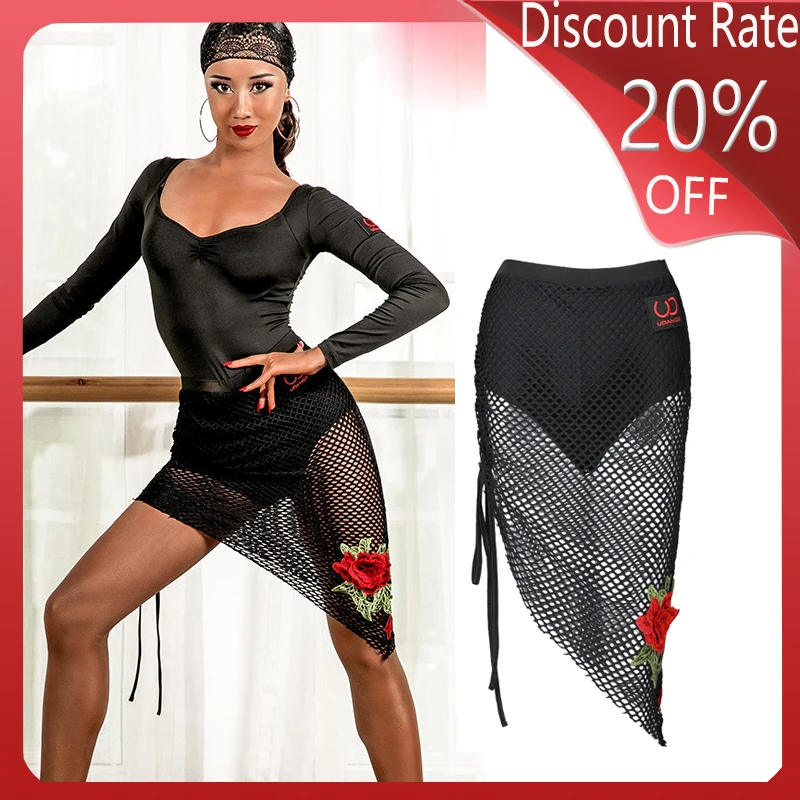 Latin Dance Skirt Autumn New Professional Training Drawstring Grid Flower Stickers Skirt Latin