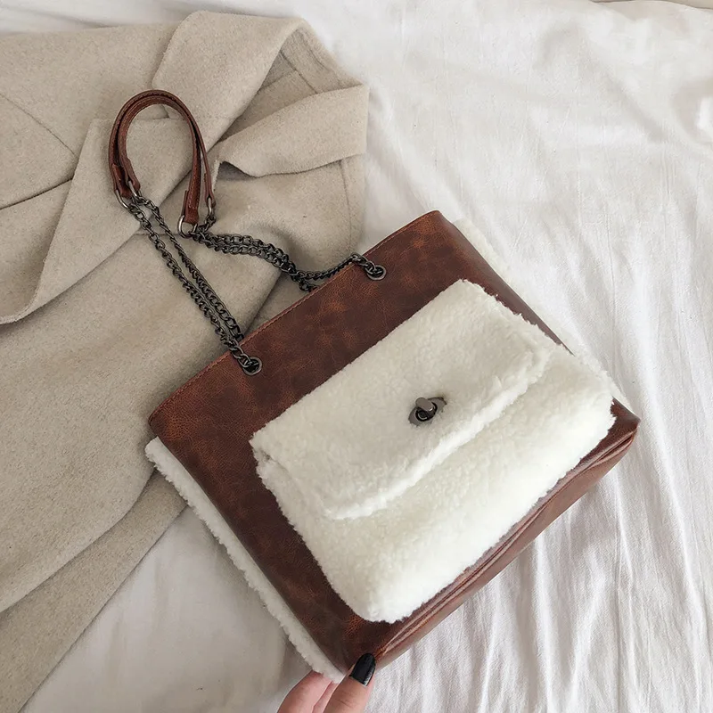 

New 2019 Winter WOMEN'S Bag Simple Large Capacity Shoulder PU Handbag Contrast Color Chain One-Shoulder Handbag Bag WOMEN'S Bag