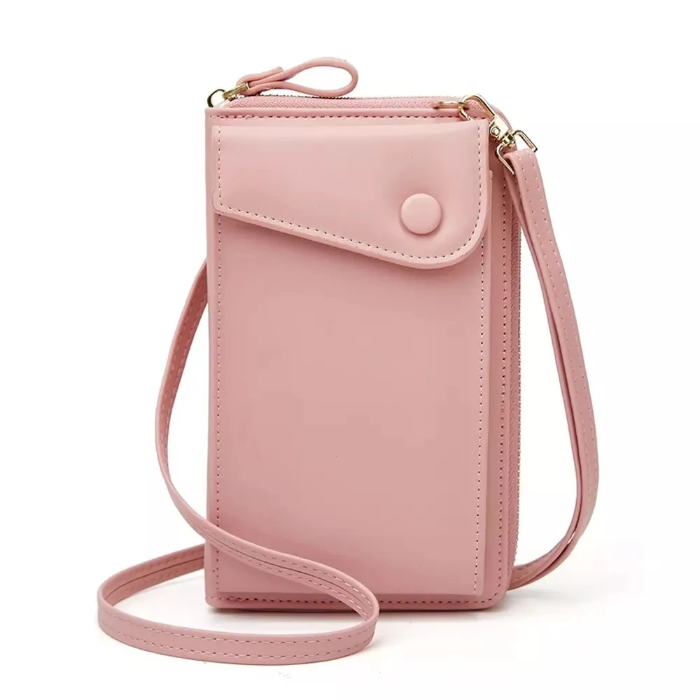 New Women Purses Solid Color Leather Shoulder Strap Bag Mobile Phone Bag Card Holders Wallet Handbag Pockets for Girls