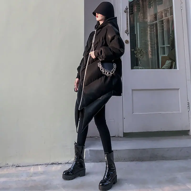 XITAO Tide Thick Irregular Zipper Parka Women Clothes Loose Casual Personality Pleated Hooded Collar Black Coat DMY1504