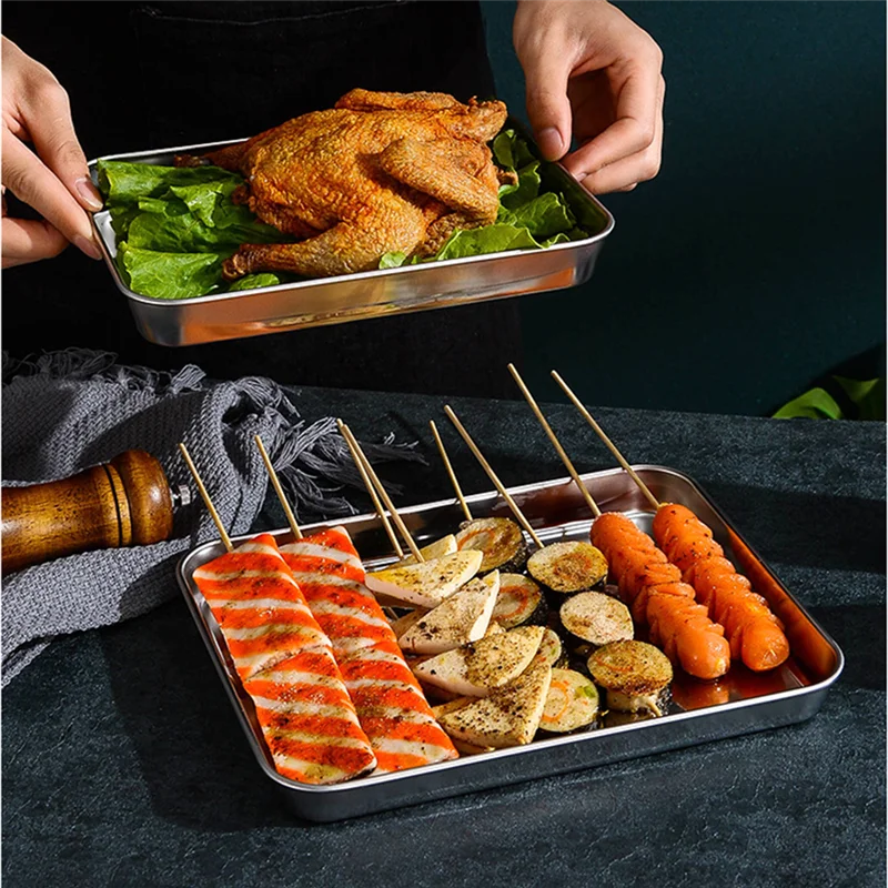 Trays Plate Tray Dredging Kitchen Pan Stainless Breading Pans Bakeware Bake Supplies Barbecue Sushi Rustproof Food, Size: 32x16cm