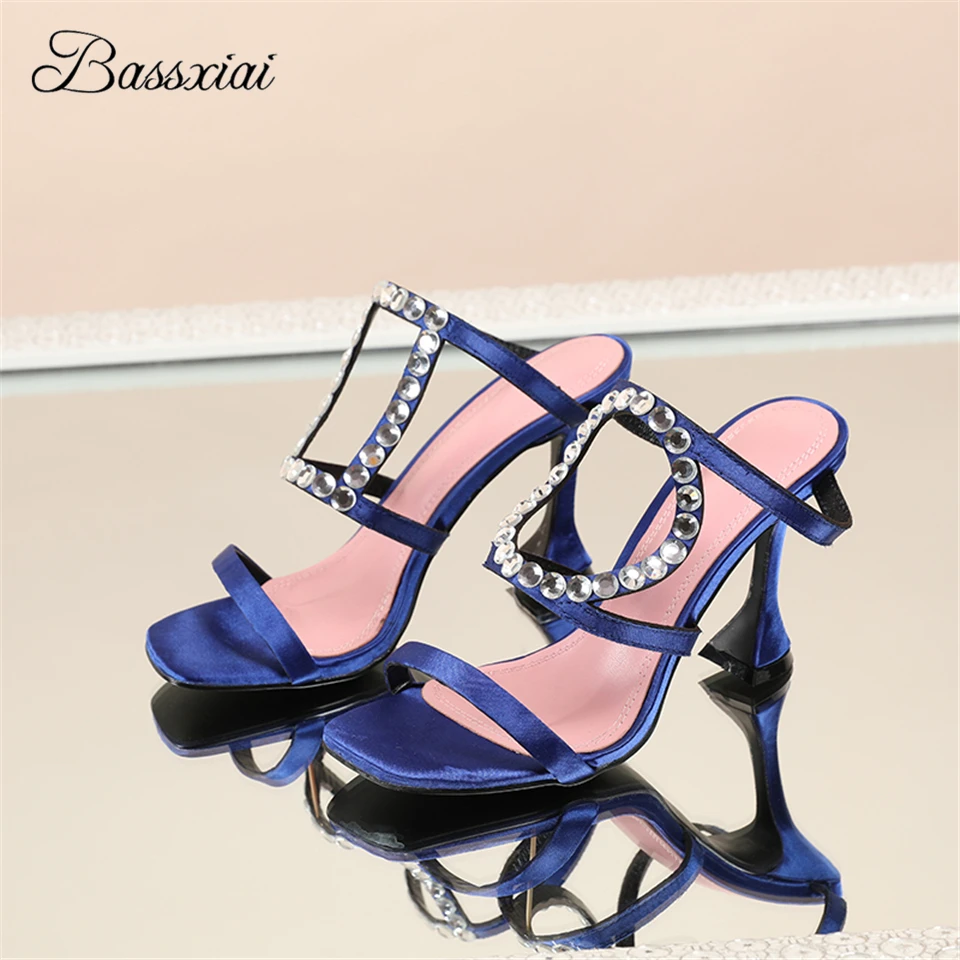 

Asymmetrical Geometric Fretwork Runway Mules Lady High Goblet Heel Square Open Toe Luxury Satin Rhinestone Sandals Women