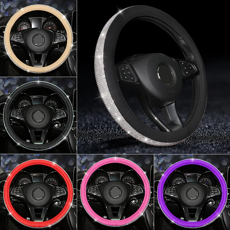 Volante do Carro Acessórios do Carro para Meninas Luxo Strass Capa Moda Diamante Couro Plutônio Bonito Senhora Mulher 38cm 14 Capas p direção