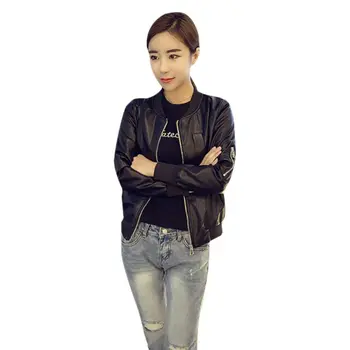 

Winter Jacket Women Slim Fit Outerwear Zipper Round Collar O Neck PU Leather Baseball Style Jacket Short Black Coat