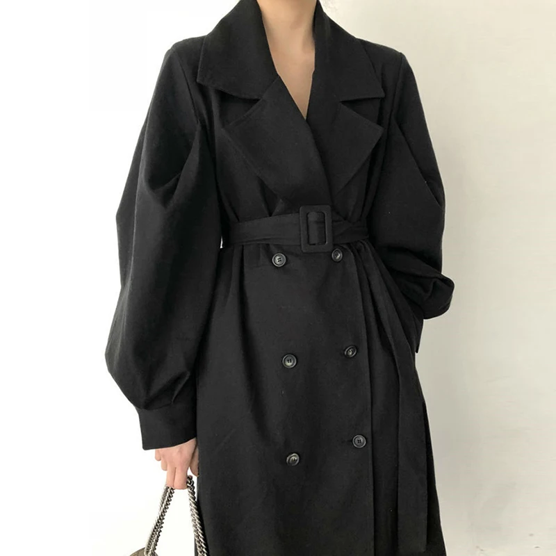 Длинное женское пальто, осенне-зимний Тренч, винтажное однотонное тонкое двубортное пальто, элегантный Тренч, повседневная женская верхняя одежда
