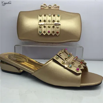 

High class gold African med-heel shoes and evening bag set with nice rhinestones for wedding/party MM1067, heel height 4cm