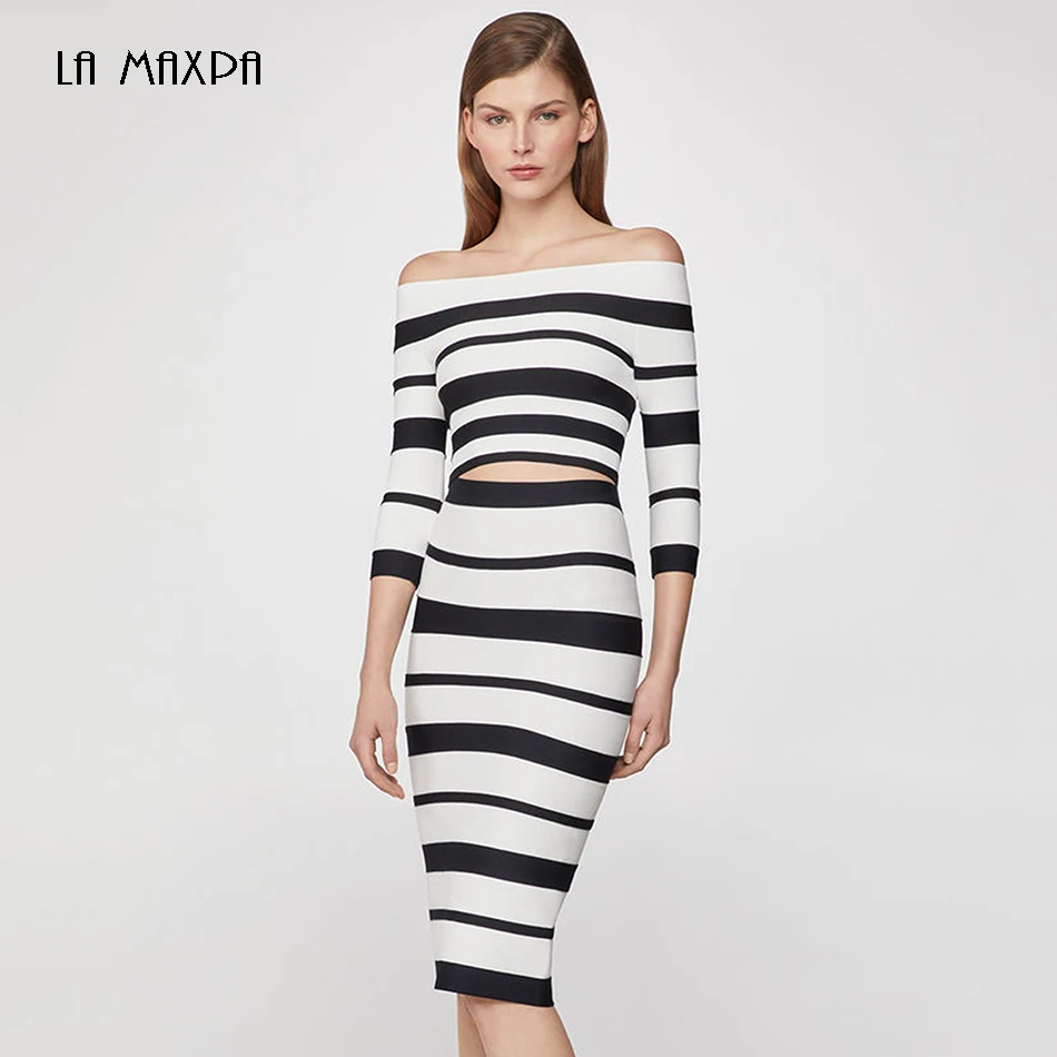 Сексуальный комплект из двух предметов в черно-белую полоску с вырезом лодочкой