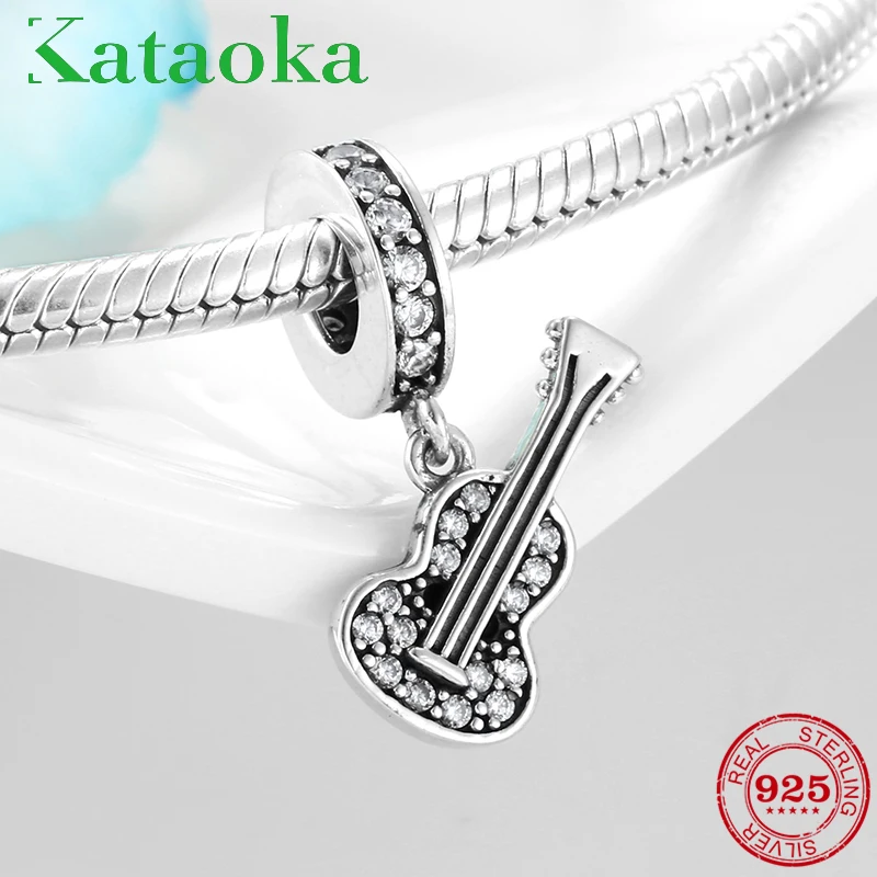 

Genuine 925 Sterling Silver Guitar Sparkling CZ pendants beads For Jewelry making Fit Original European Charms Bracelet Bangles