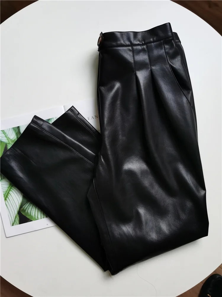 Новые супер мягкие кожаные брюки женские с высокой талией прямые женские брюки дикая стильная одежда