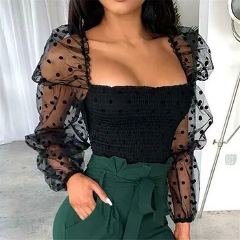 

Ladies' Sheer Puff Sleeves T-shirt New Long Sleeves Polka Dot Slim Casual Tops Wear Female Autumn Square Collar Pullovers Women