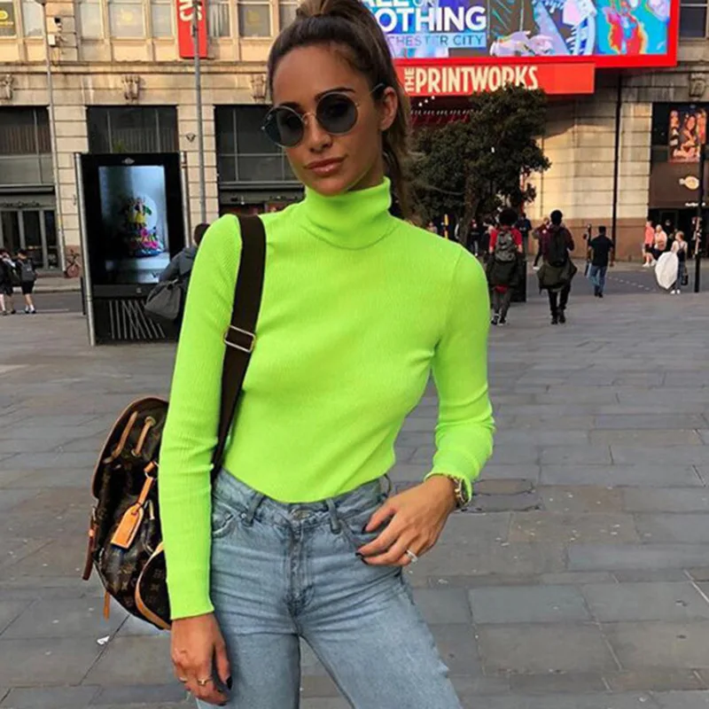 

TOPPICK 2019 Autumn Pullover Women Christmas Sweater Turtleneck Knitted Sweater Fluorescein Color Long Sleeve Top Femme
