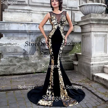 

Long Black Evening Dresses Mermaid Spandex Sequin Beads Saudi Arabic Special Occasion Evening Formal Prom Custom Made