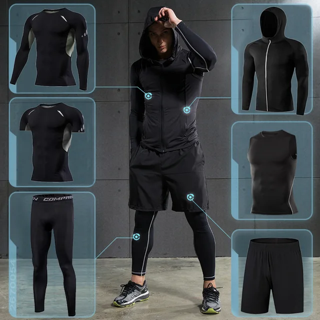 US $6.21 Men's running sets Gym Tight Sport Clothing Basketball Training Tracksuit Fitness Jogging Sports We