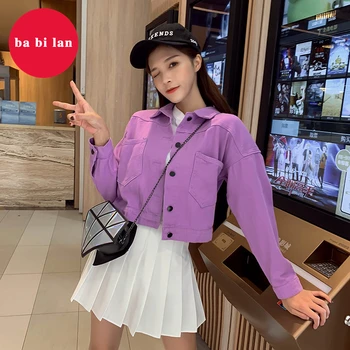 

2020 Spring summer High Quality Embroidered letters Candy Color Denim Jacket, Women Loose Long Sleeve Denim Jacket With Lapel Po