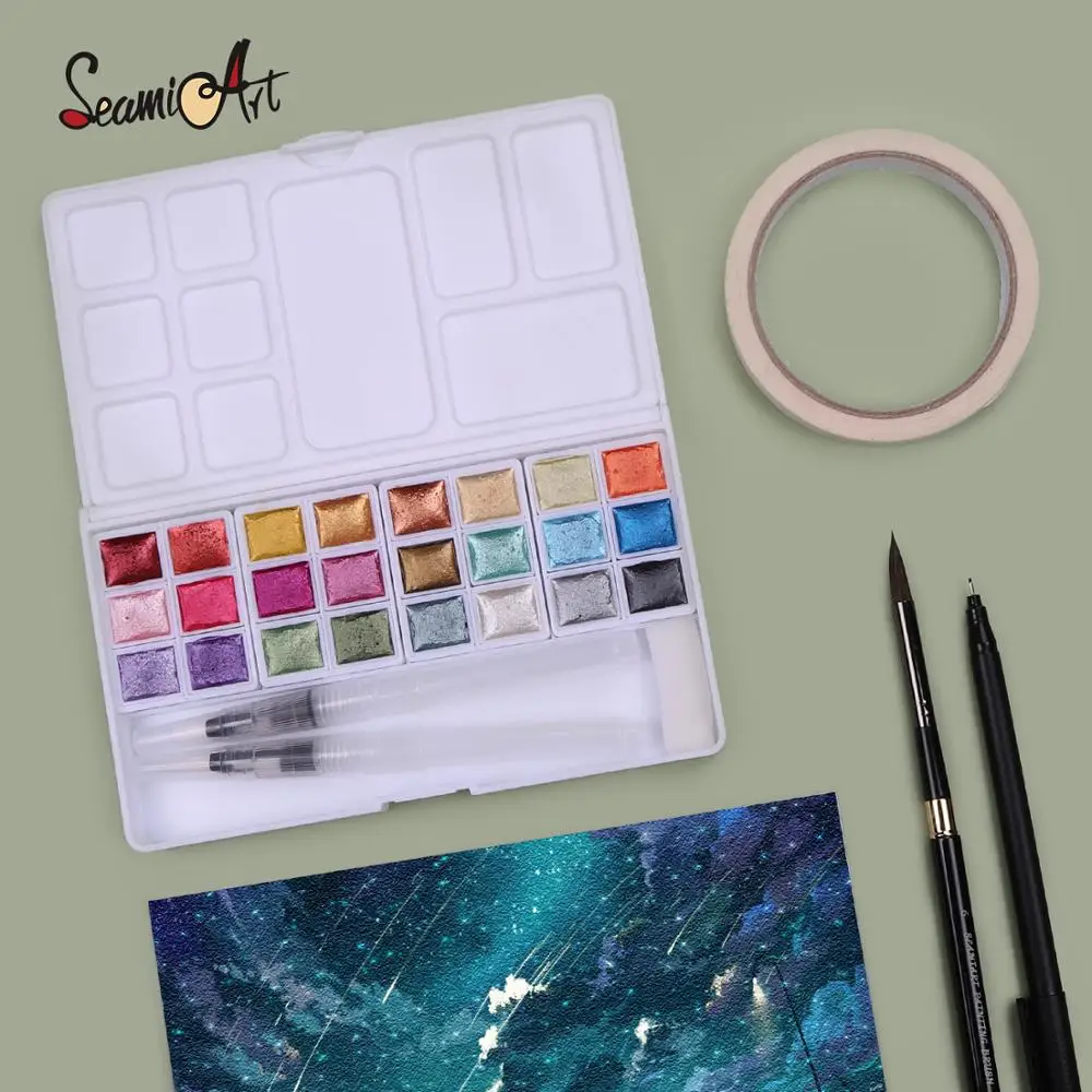 SeamiArt Pearl Watercolor Pigment 24Color Solid Metallic Water Color Paint Set for Drawing Illustrations Art Supplies