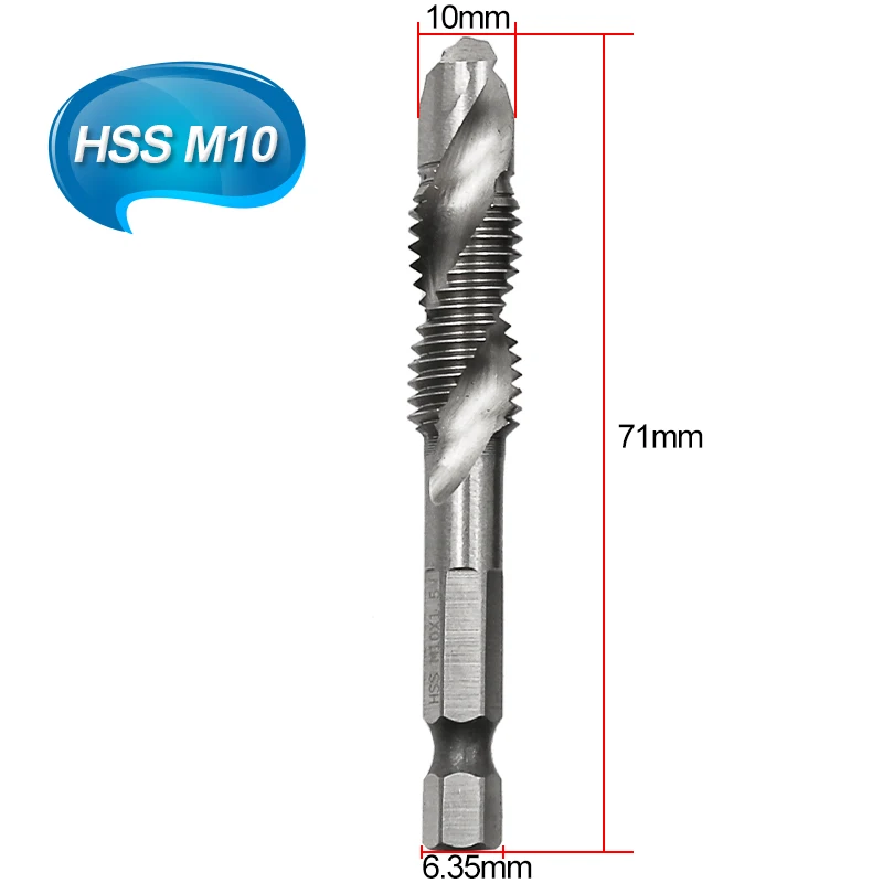 M10 M3 M4 M5 M6 M8 M10 композитный кран сверло Резьба спиральный винтовой кран 1/4 ''шестигранный HSS 4341 - Цвет: M10