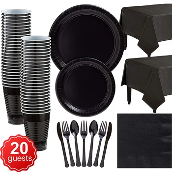 

142pcs Solid Color For 20 People black Party Set Disposable Plastic Plate Cup Xmas Birthday Party wedding Decoration Baby Shower