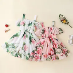Verão crianças roupas crianças vestido para meninas estilingue chiffon saia vestido princesa moda flor impressão espartilho de fadas vestido casual