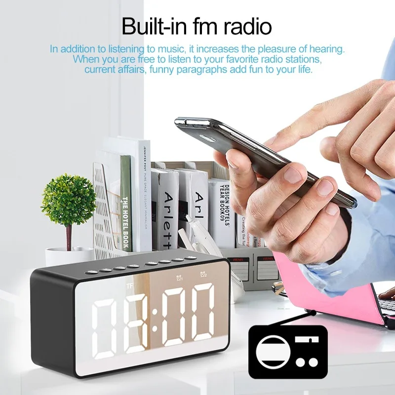Портативный Bluetooth динамик супер бас беспроводные стереоколонки поддержка TF AUX Будильник с зеркалом для телефона компьютера