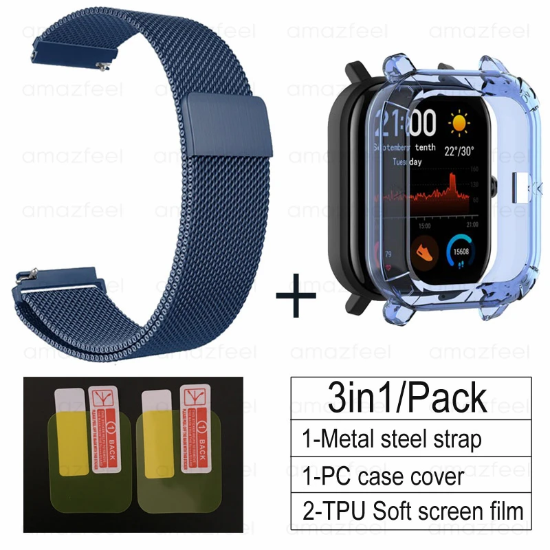3в1 Для Amazfit GTS наручный ремешок с TPU чехол металлический Миланский Браслет для Huami Amazfit gts ремешок для экрана Защитная пленка - Цвет: blue-blue