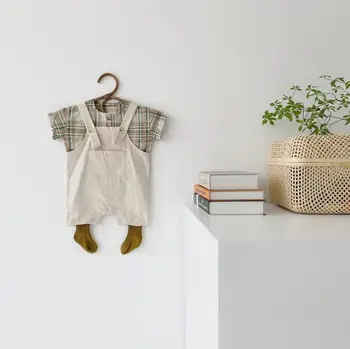 

2020 New Baby Girls Boys Set Plaid Shirt+Overalls Summer Babys Suits 6-24 month QA590