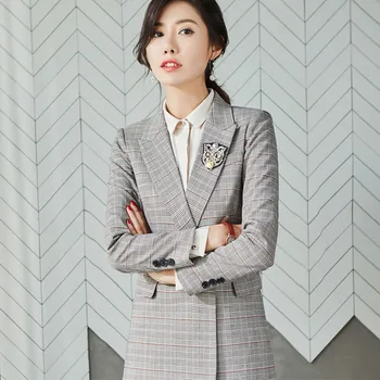 

Women's suit 2019 autumn new fashion casual temperament check slim waist double-breasted small suit trousers two-piece set
