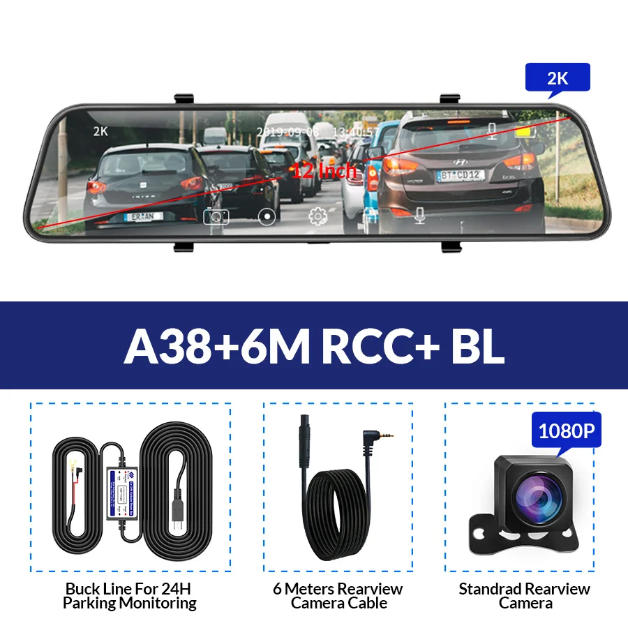 A38-6M RCC-BL E-ACE, 12 дюймов, Автомобильный видеорегистратор, зеркало, видео рекордер, видеорегистратор, авто регистратор, 4G, Android 8,1, gps навигация, видеорегистратор, автомобильная камера - Название цвета: A38-6M RCC-BL