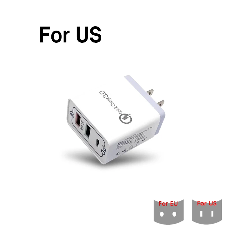 Быстрая зарядка 3,0, быстрое USB зарядное устройство для iPhone 8 XS, samsung, huawei, дорожное настенное зарядное устройство для мобильного телефона с вилкой ЕС и США, адаптер 2 usb PD