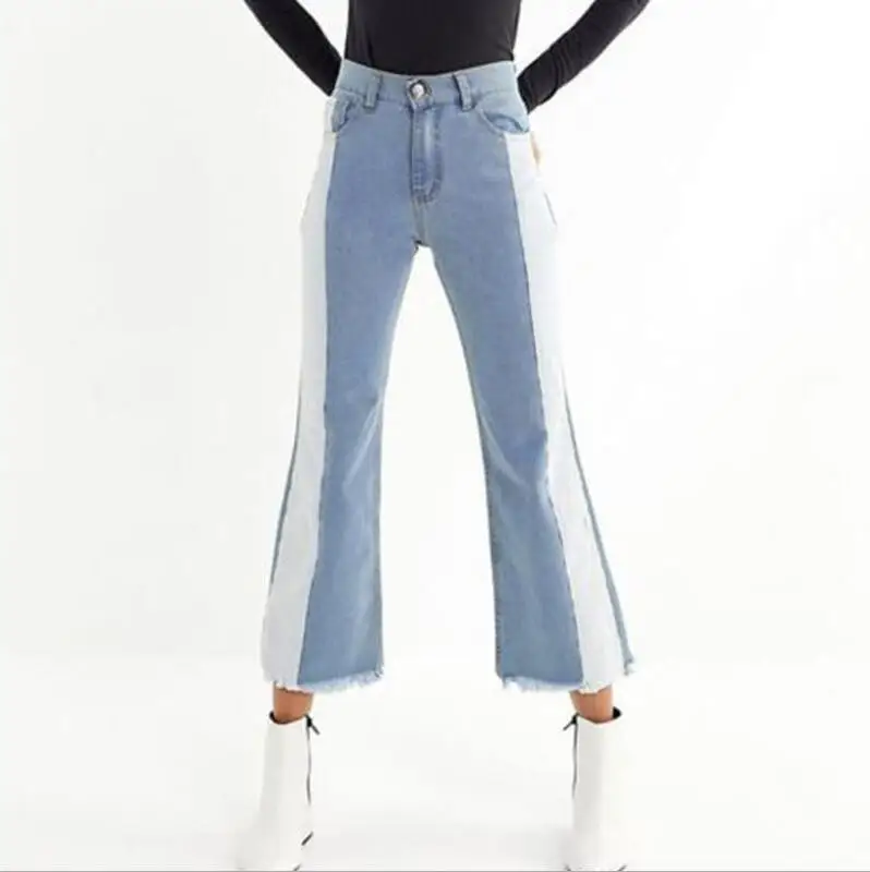 Light Blue Женская уличная одежда, уличный стиль, джинсовые расклешенные брюки с кисточками, отбеленные, со вставками, со средней талией, хлопок, новинка, джинсы в полоску по бокам - Цвет: Light Blue