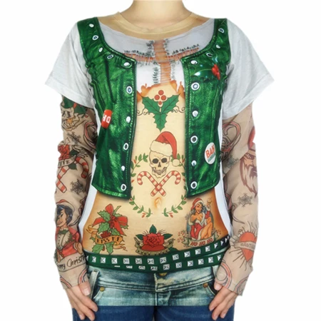 Version 1 Сексуальное уродливое Рождество с принтом Tatoo, футболка для женщин, забавные рождественские футболки с принтом Санта-Клауса и черепа, Байкерская футболка с длинными рукавами для девочек - Цвет: Version 1