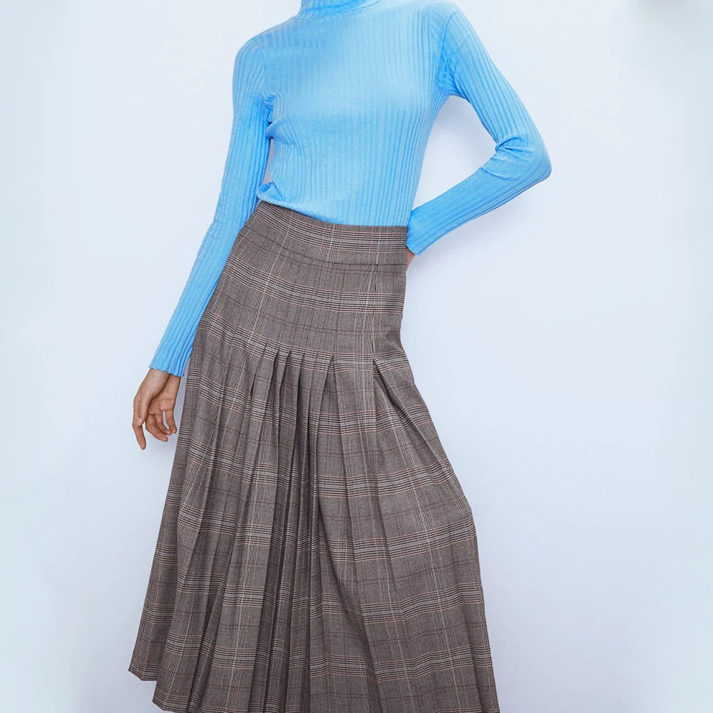 ZA Autumn and Winter New Women's High Waist Skirt Wide Pleated Plaid Skirt Side Stitch Dark Zip Closure
