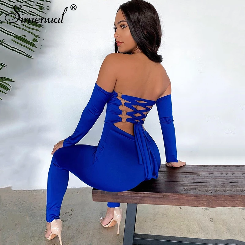 

Simenual Fashion Lace Up Backless Rompers Womens Jumpsuit Off Shoulder Long Sleeve Skinny Bodycon Jumpsuits Solid Sexy 2020