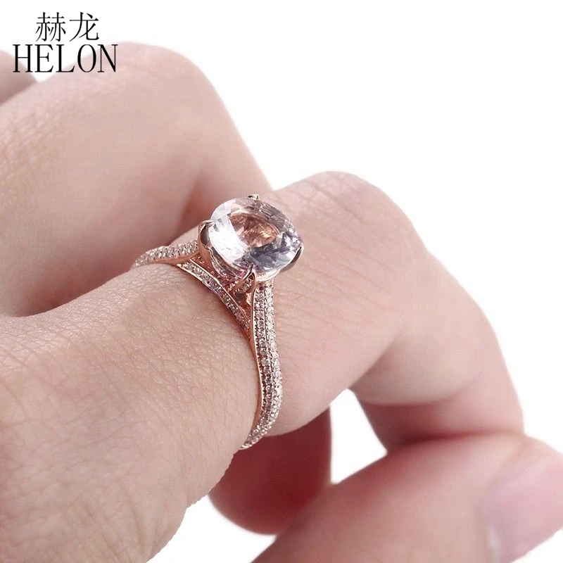 HELON Твердые 10 к розовое золото безупречный круглый 1.4ct натуральный морганит и 0.4ct алмаз женское кольцо для помолвки Свадебные драгоценные камни ювелирные изделия