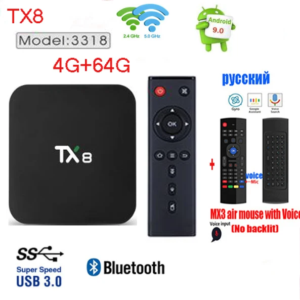 TX8 Android 9,0 ТВ приставка Rockchip RK3318 ram 4GB rom 32GB 64GB 4K Google голосовой помощник Netflix Youtube набор TopBox - Цвет: 4G 64G MX3 VOICE