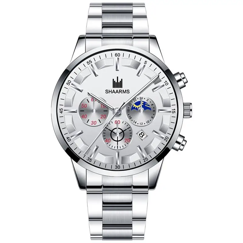 

SHAARMS Fashion Men Silver Watch Stainless Steel Analog Quartz New Design Watches Luxury Business Man Wristwatch Relogio