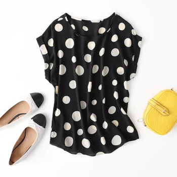 

Blouses for Women 100% REAL SILK CREPE Shirts polka dot Rolled Short Sleeve Casual Loose summer tops