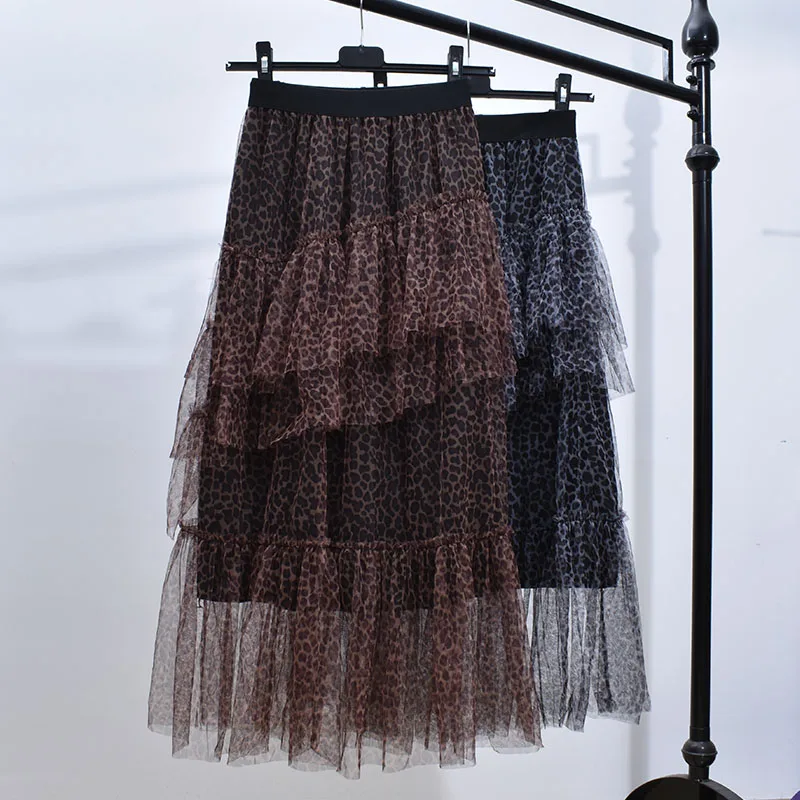 

Spring Leopard Irregular Cakee Layered Mesh Long Skirts Womens Sexy Pleated Tiered Tulle Maxi Long Skirts Gray