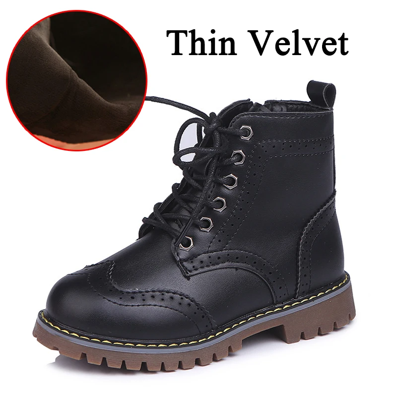 Thin Velvet Black Зимняя обувь; Ботинки martin для девочек; модные кожаные ботинки с боковой молнией для мальчиков; бархатные теплые детские зимние ботинки; детская обувь - Цвет: Thin Velvet Black