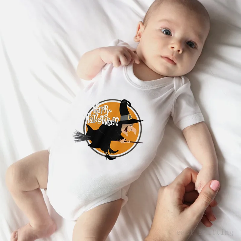 

Western Style Stylish Baby Short Sleeved Crawling Clothes Witch Lettered HAPPY Halloween Printed O Neck Crew Neck Romper