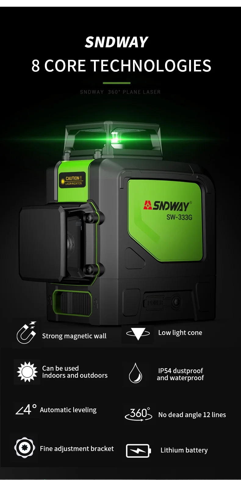 Лазер sndway уровень зеленый луч 3D 12 линий вертикальные и горизонтальные Высокая точность автоматический самонивелирующийся 360 градусов вращающийся